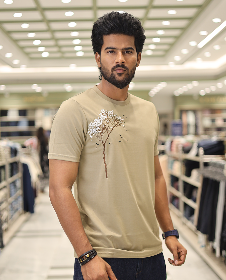 Dark Beige Cotton-Blended T-Shirt Comes with Tree-Bird Motifs Embroidery, Half-Sleeves, a Crew Neck, a Slim Fit, and Regular Length