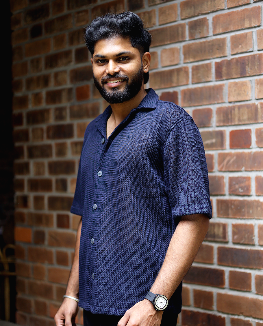 Navy Cotton-Blended Crochet Casual Shirt Features Half Sleeves, a Regular Fit, a Cuban Collar, and a Regular Length