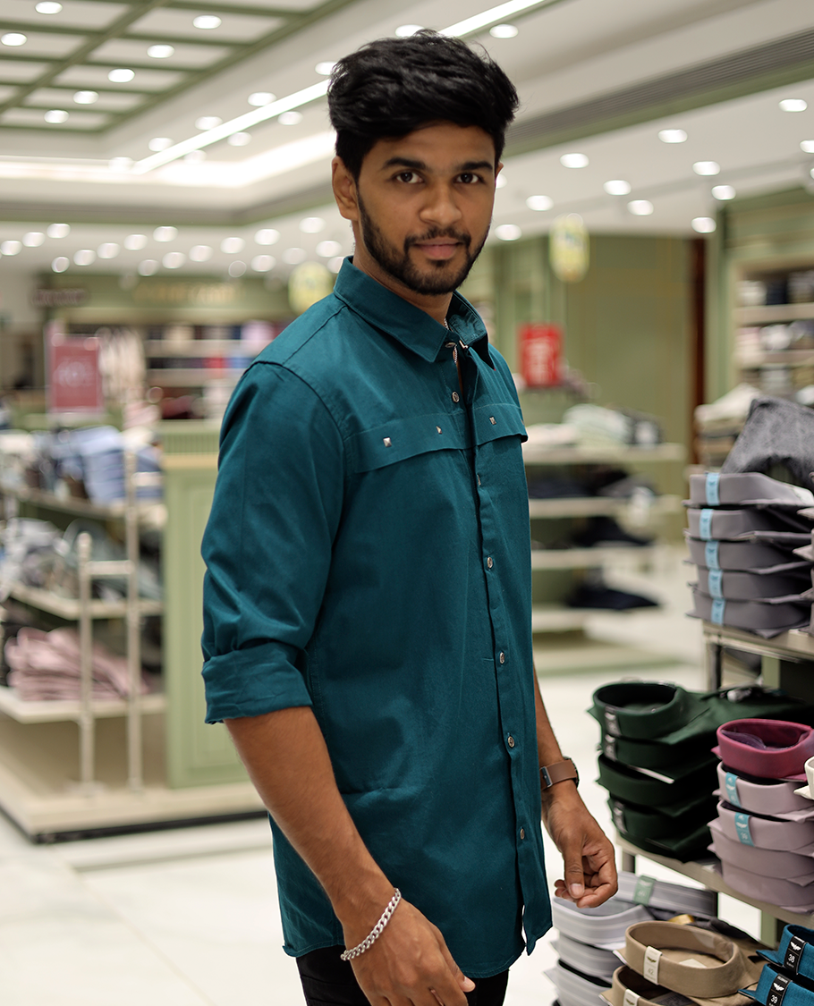 Dark Green Cotton-Blended Casual Shirt Features Life-Quotes Backprint, Full-Sleeves, a Spread Collar, a Regular Fit, and a Regular Length