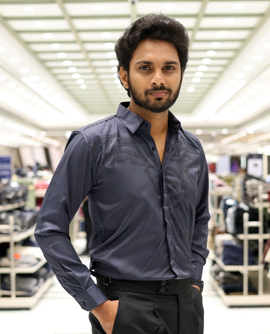 Grey Poly-Blended Party Wear Shirt, Features Vines-Themed Stone Work, Full Sleeves, a Spread Collar, Slim Fit, and Regular Length