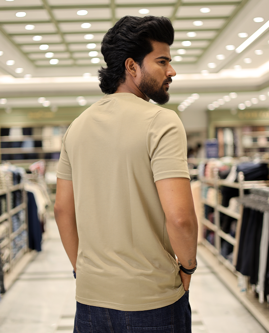Dark Beige Cotton-Blended T-Shirt Comes with Tree-Bird Motifs Embroidery, Half-Sleeves, a Crew Neck, a Slim Fit, and Regular Length