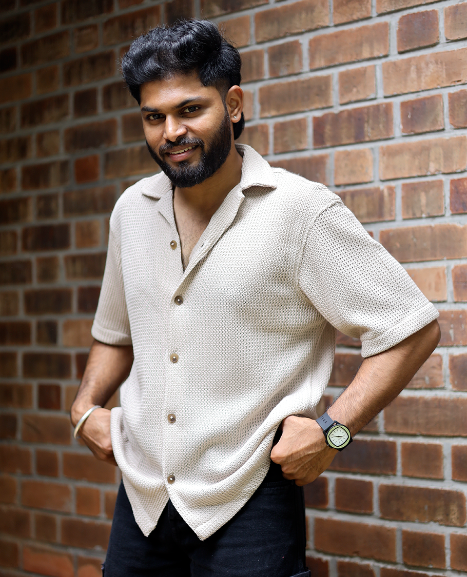 Cream Cotton-Blended Crochet Casual Shirt Features Half Sleeves, a Regular Fit, a Cuban Collar, and a Regular Length