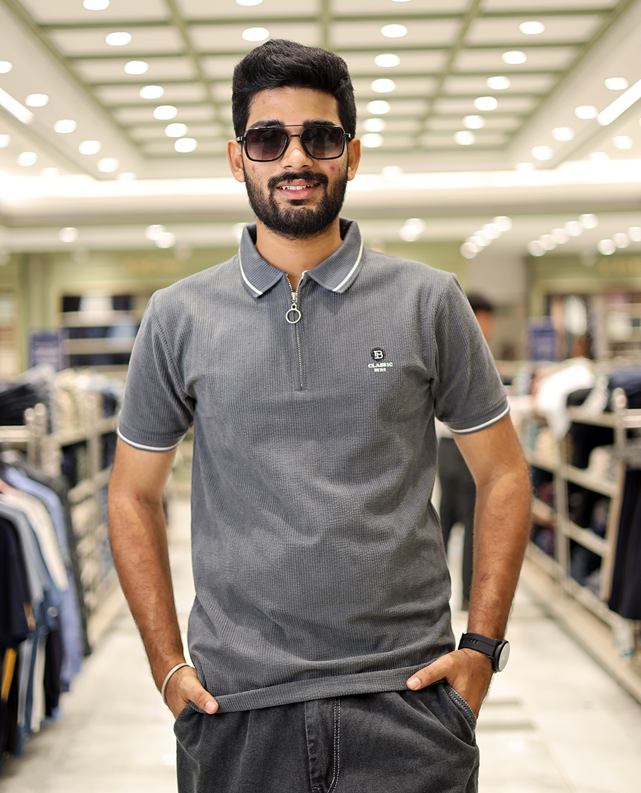 Dark Grey Corduroy T-Shirt Comes with a Polo Neck, Half-Sleeves, a Slim Fit, and Regular Length