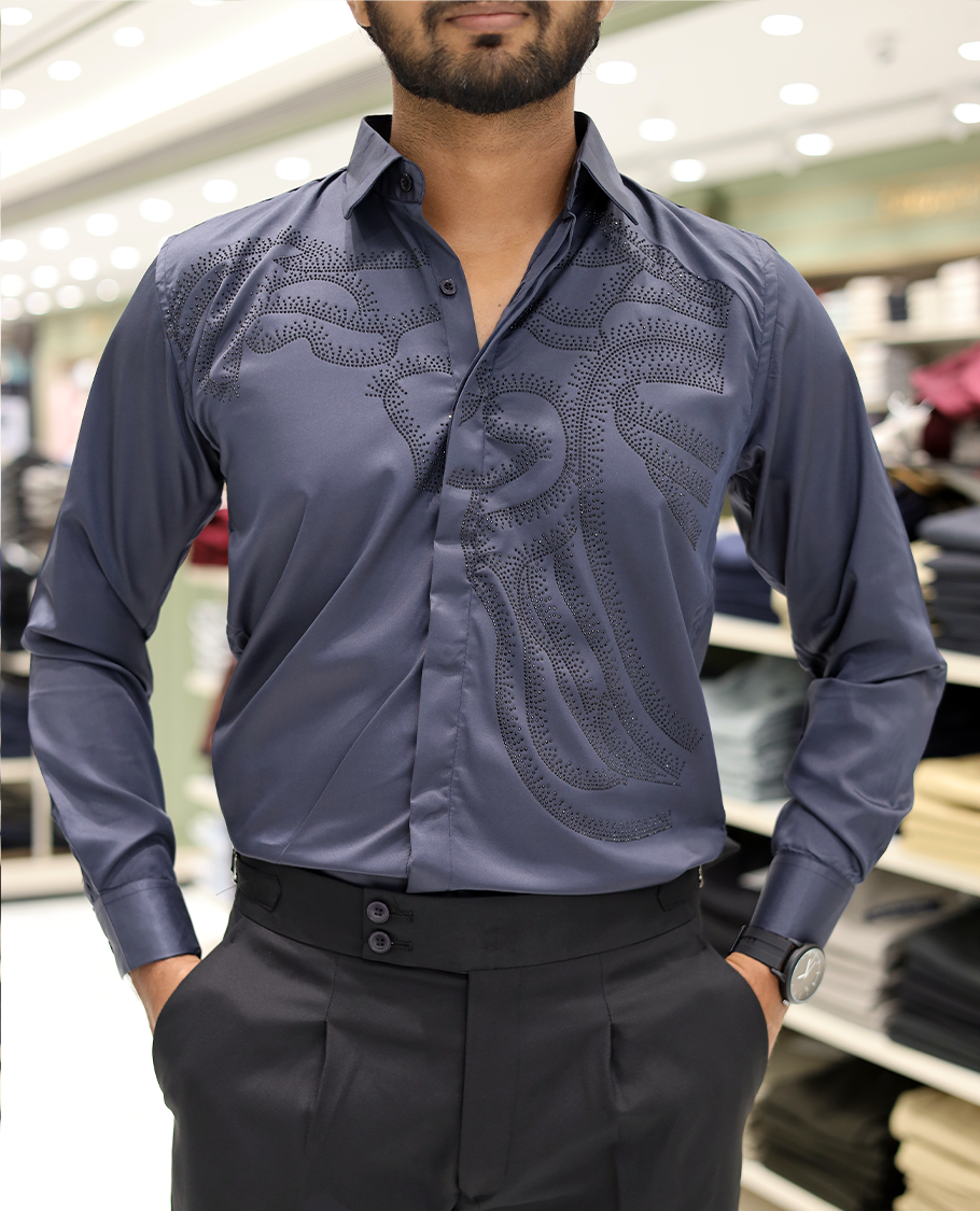 Grey Poly-Blended Party Wear Shirt, Features Vines-Themed Stone Work, Full Sleeves, a Spread Collar, Slim Fit, and Regular Length