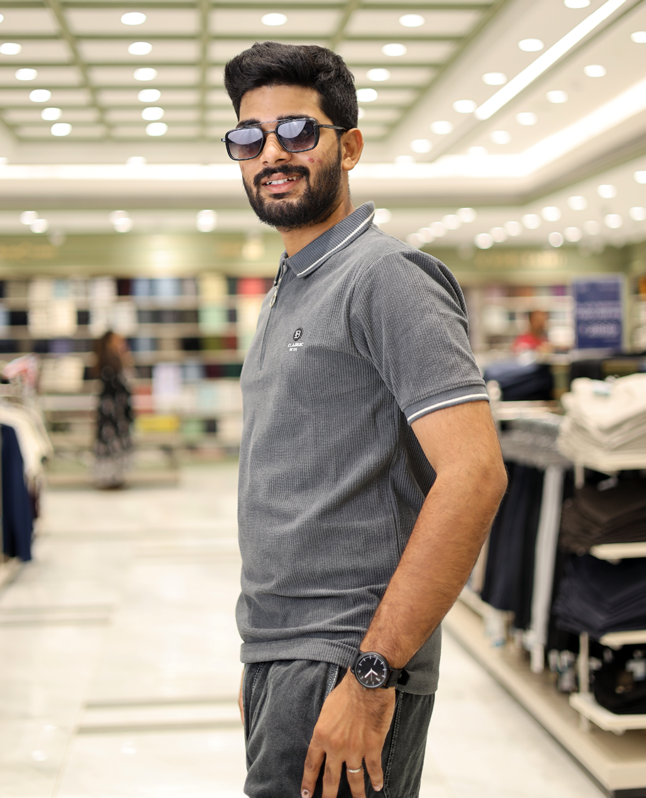Dark Grey Corduroy T-Shirt Comes with a Polo Neck, Half-Sleeves, a Slim Fit, and Regular Length