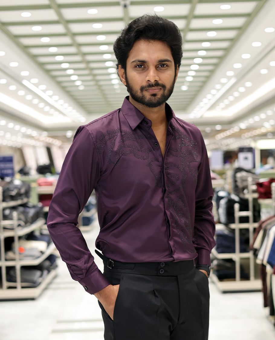Purple Poly-Blended Party Wear Shirt, Features Vines-Themed Stone Work, Full Sleeves, a Spread Collar, Slim Fit, and Regular Length