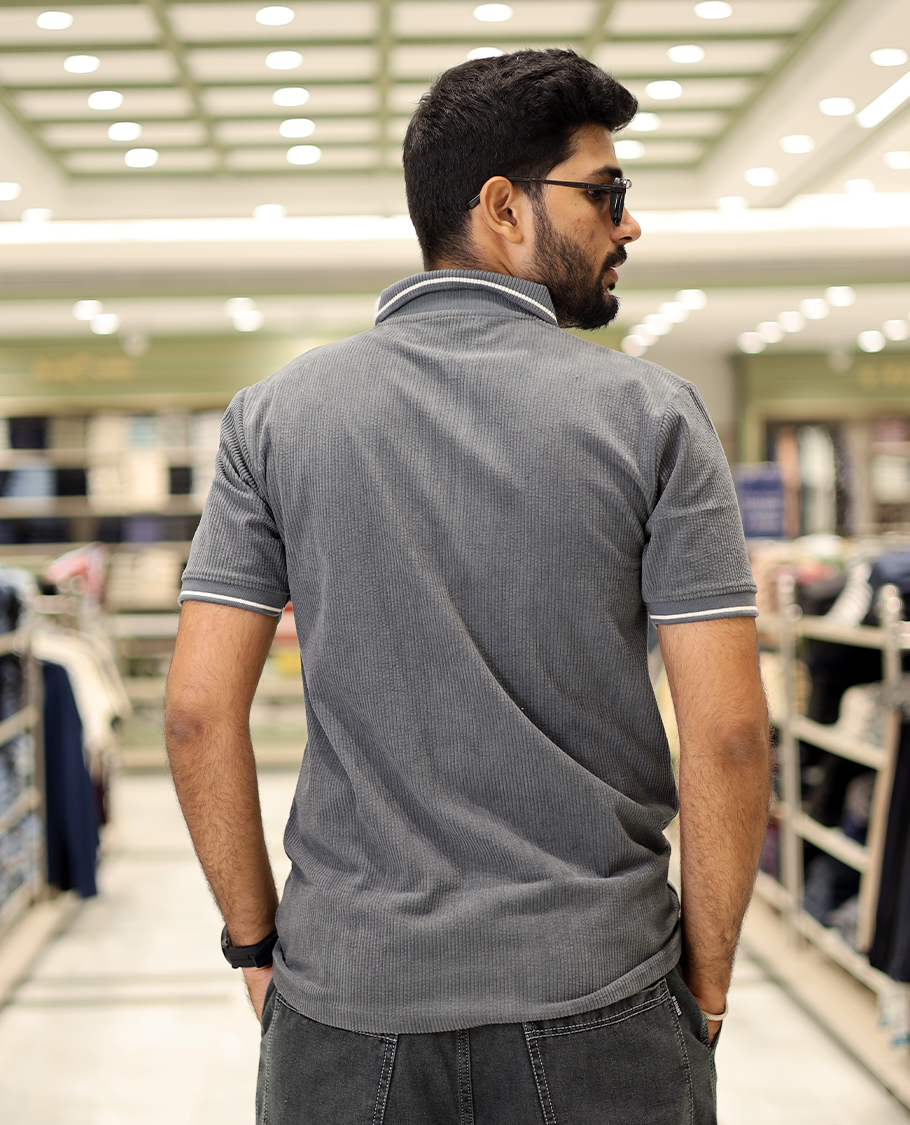Dark Grey Corduroy T-Shirt Comes with a Polo Neck, Half-Sleeves, a Slim Fit, and Regular Length