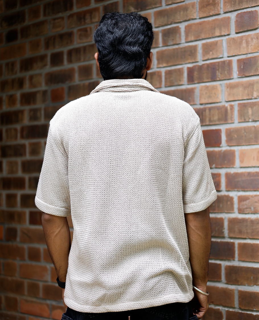 Cream Cotton-Blended Crochet Casual Shirt Features Half Sleeves, a Regular Fit, a Cuban Collar, and a Regular Length