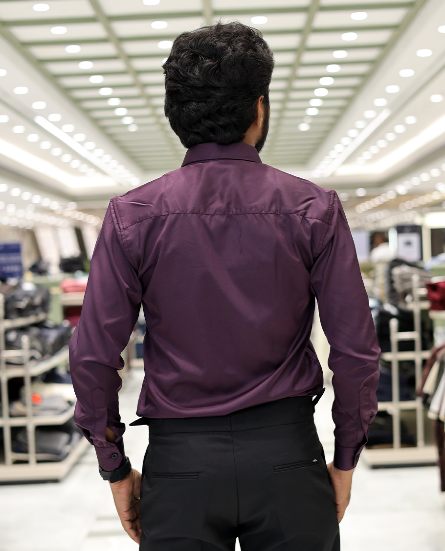 Purple Poly-Blended Party Wear Shirt, Features Vines-Themed Stone Work, Full Sleeves, a Spread Collar, Slim Fit, and Regular Length