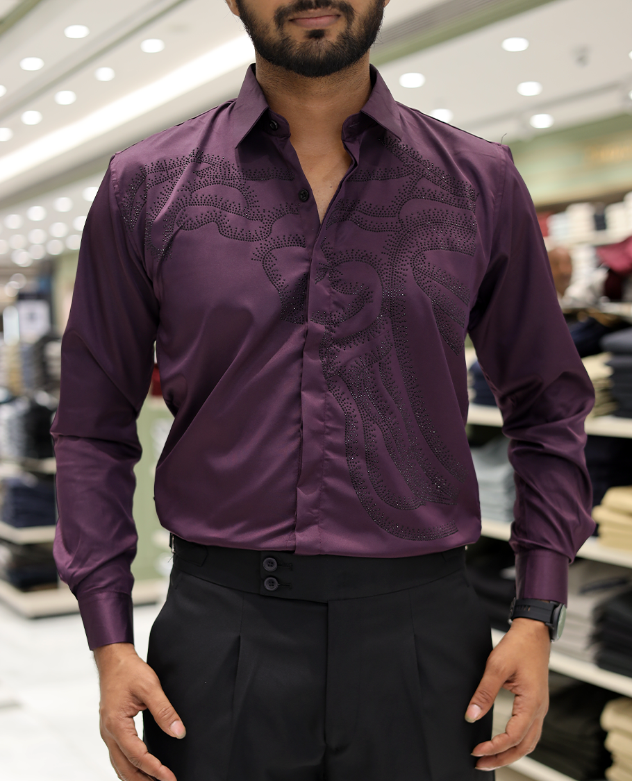 Purple Poly-Blended Party Wear Shirt, Features Vines-Themed Stone Work, Full Sleeves, a Spread Collar, Slim Fit, and Regular Length