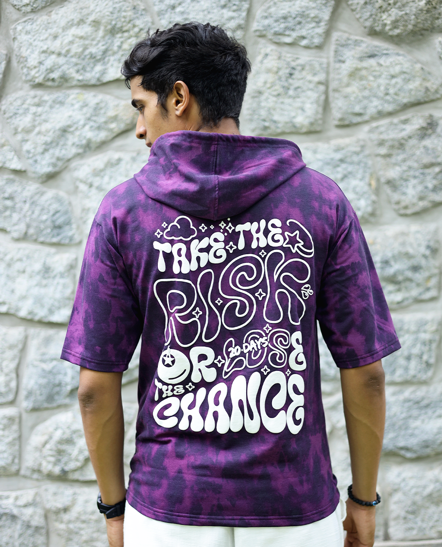 Purple Cotton-Blended Oversized Hooded T-Shirt Features Abstract Dyed Typography Print, Half-Sleeves, and Regular Length