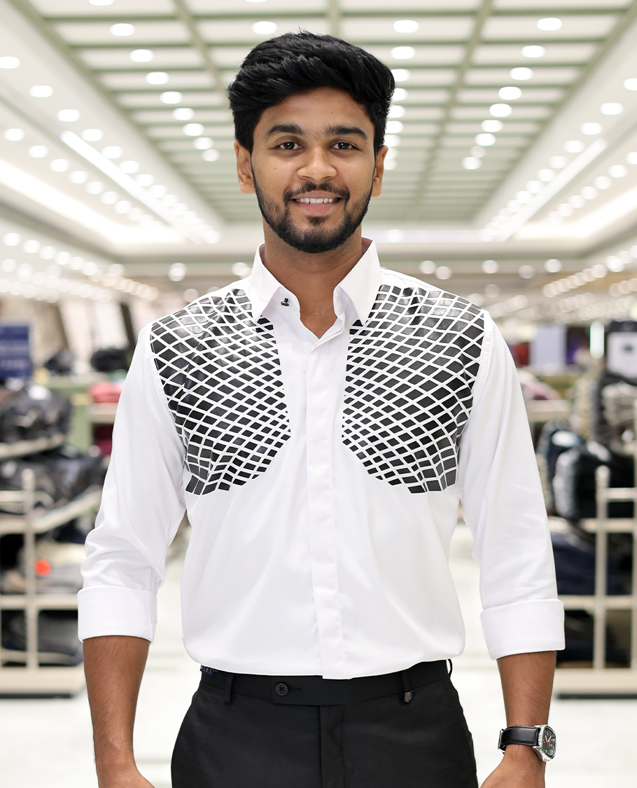 White Poly-Blended Party Wear Shirt, Features Geometric Flock Print, Full Sleeves, Spread Collar, Slim Fit, and Regular Length