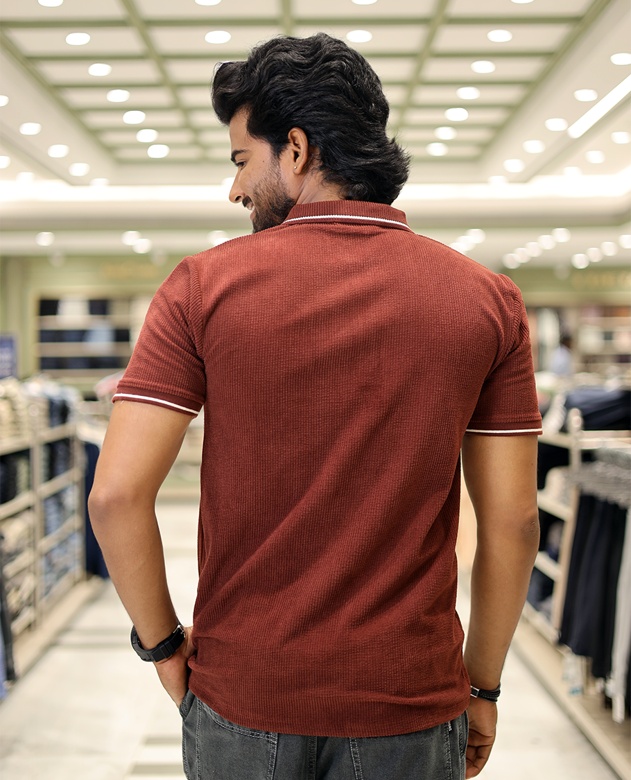 Maroon Corduroy T-Shirt Comes with a Polo Neck, Half-Sleeves, a Slim Fit, and Regular Length