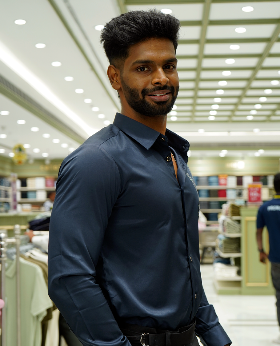 Navy Blue Designer Party Wear Shirt Features Bird Embroidered, a Spread Collar, Full Sleeves, a Slim Fit, and Regular Length
