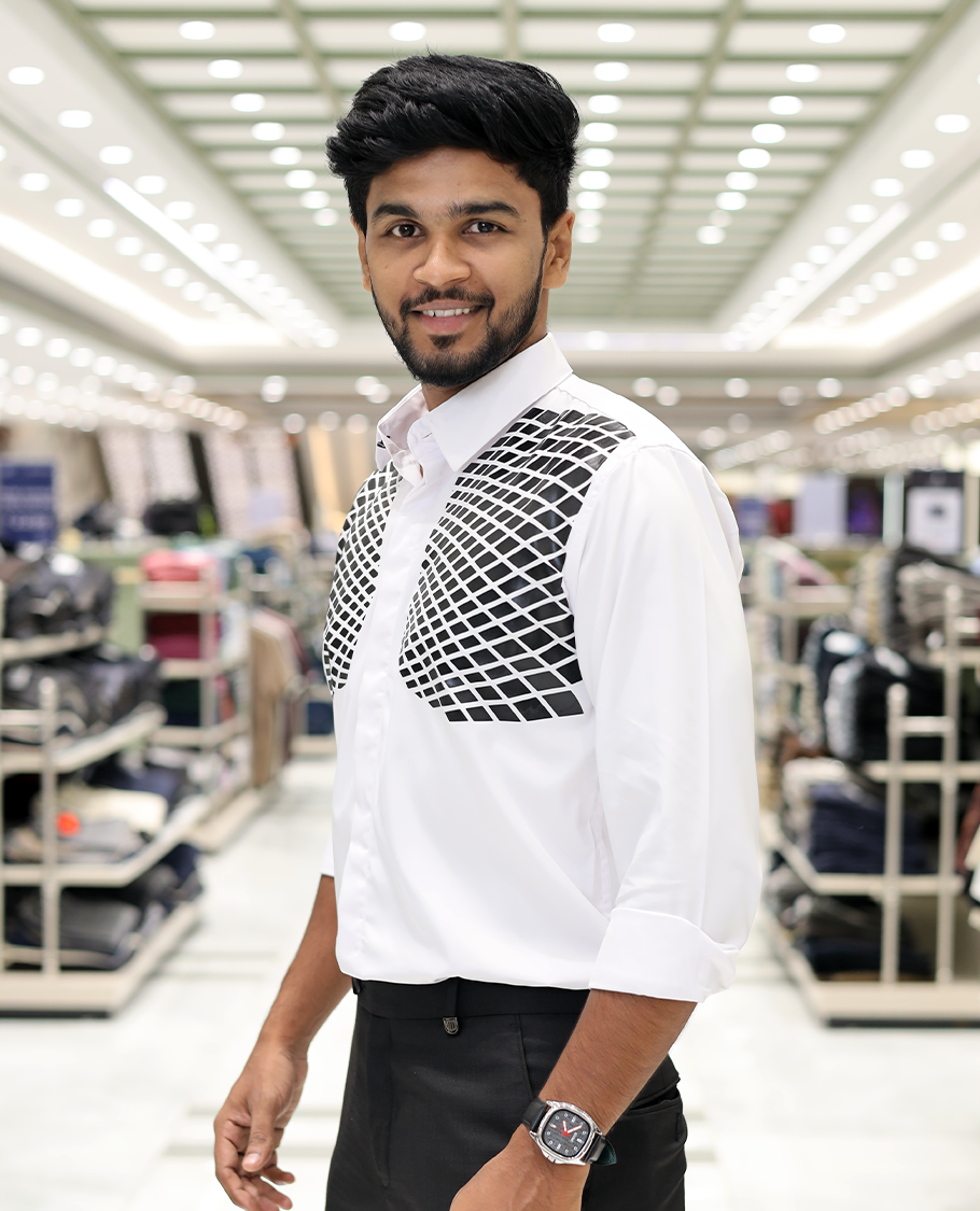 White Poly-Blended Party Wear Shirt, Features Geometric Flock Print, Full Sleeves, Spread Collar, Slim Fit, and Regular Length
