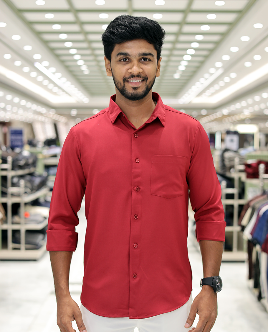 Red Plain Cotton-Blended Casual Shirt, Comes with Full Sleeves, a Spread Collar, a Slim Fit, and Regular Length