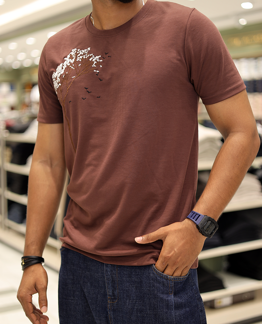 Maroon Cotton-Blended T-Shirt Comes with Tree-Bird Motifs Embroidery, Half-Sleeves, a Crew Neck, a Slim Fit, and Regular Length