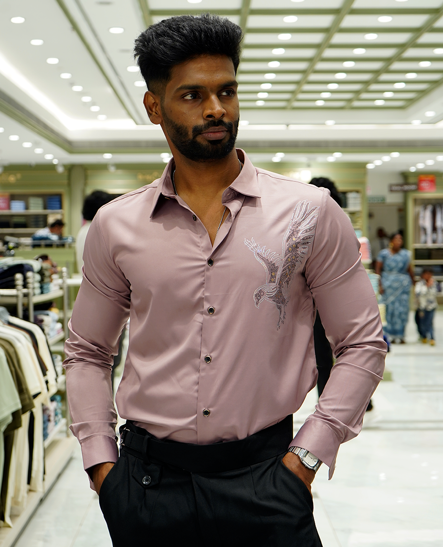 Onion Pink Designer Party Wear Shirt Features Bird Embroidered, a Spread Collar, Full Sleeves, a Slim Fit, and Regular Length