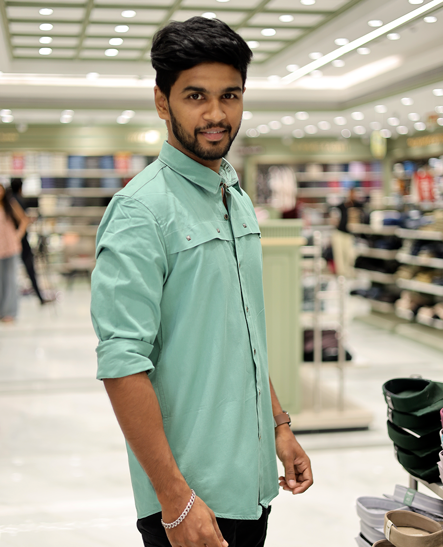 Light Green Cotton-Blended Casual Shirt Showcasing Life-Quotes Backprint, Full-Sleeves, a Spread Collar, a Regular Fit, and a Regular Length