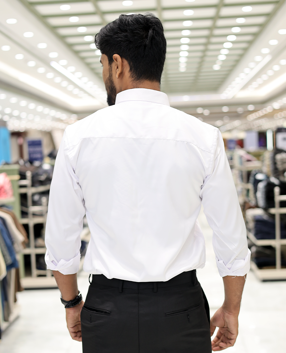 White Poly-Blended Party Wear Shirt, Features Geometric Flock Print, Full Sleeves, Spread Collar, Slim Fit, and Regular Length