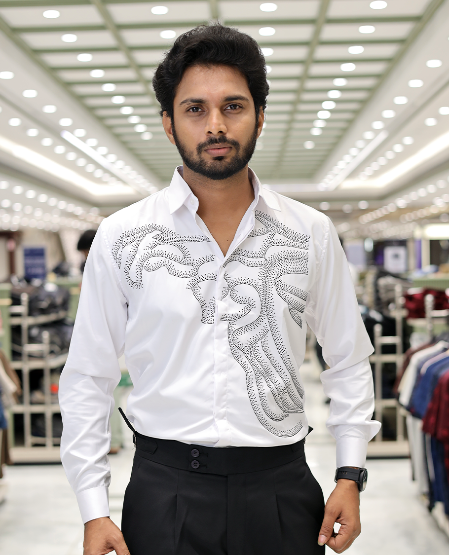 White Poly-Blended Party Wear Shirt, Features Vines-Themed Stone Work, Full Sleeves, a Spread Collar, Slim Fit, and Regular Length