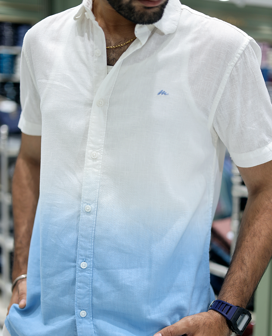 Blue Cotton-Blended Ombre Casual Shirt Features Half Sleeves, a Spread Collar, a Regular Fit, and a Regular Length
