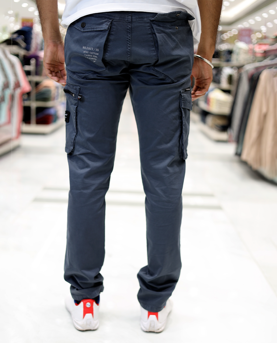 Blue Plain Cotton-Blended Cargo Trousers Come with a Regular Fit, Belt Loops, and Regular Length
