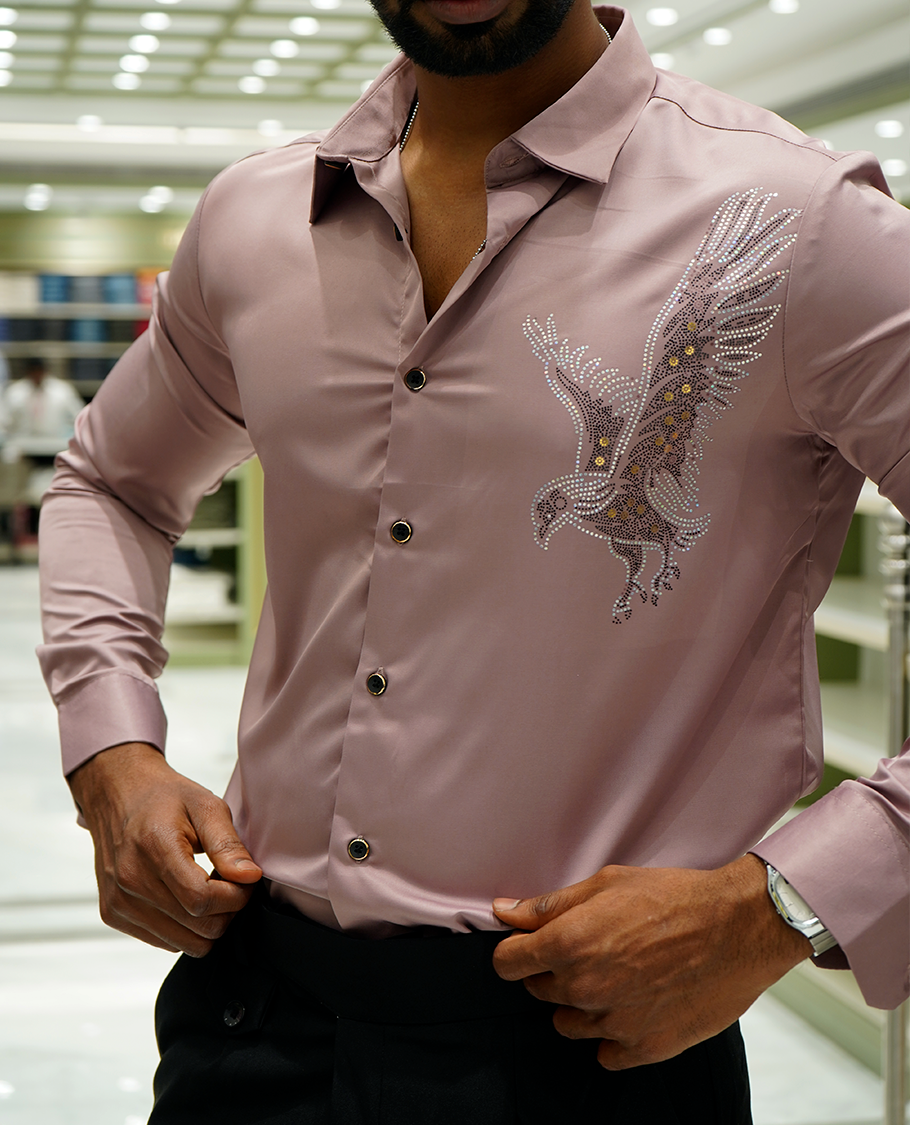 Onion Pink Designer Party Wear Shirt Features Bird Embroidered, a Spread Collar, Full Sleeves, a Slim Fit, and Regular Length