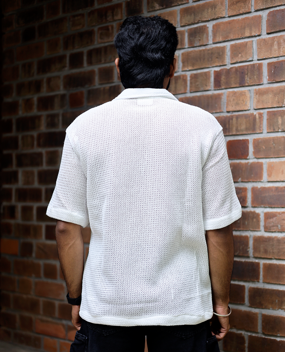 White Cotton-Blended Crochet Casual Shirt Features Half Sleeves, a Regular Fit, a Cuban Collar, and a Regular Length