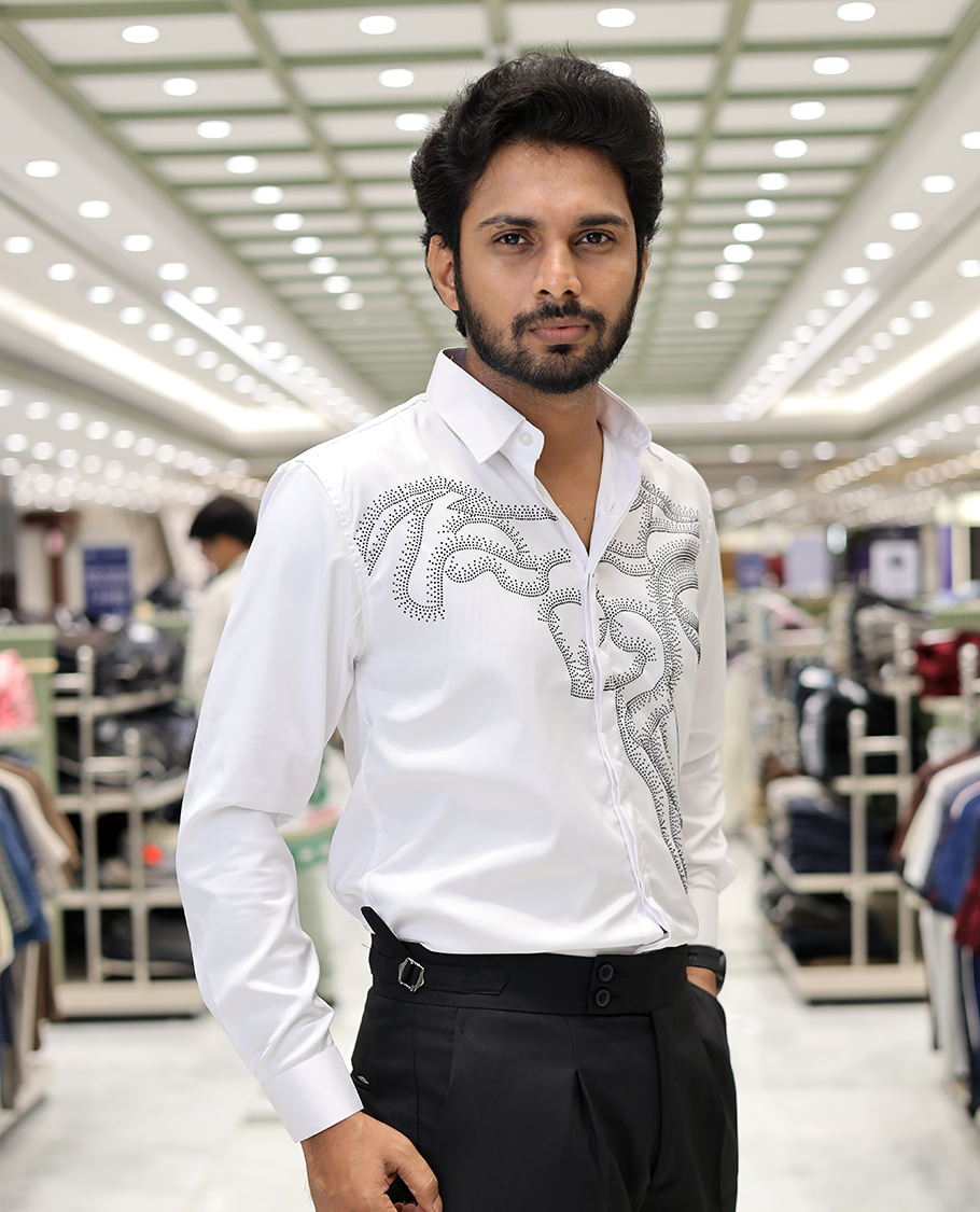 White Poly-Blended Party Wear Shirt, Features Vines-Themed Stone Work, Full Sleeves, a Spread Collar, Slim Fit, and Regular Length