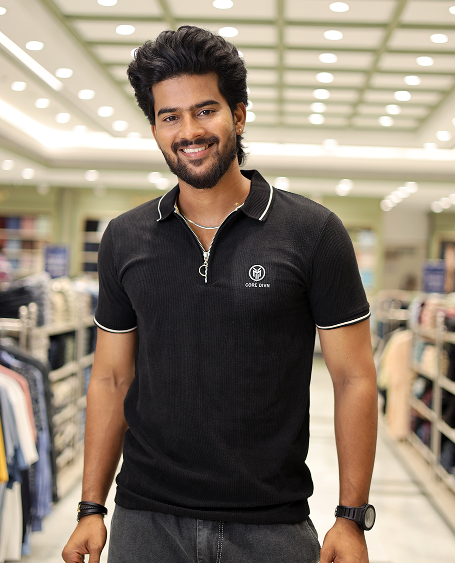 Black Corduroy T-Shirt Comes with a Polo Neck, Half-Sleeves, a Slim Fit, and Regular Length
