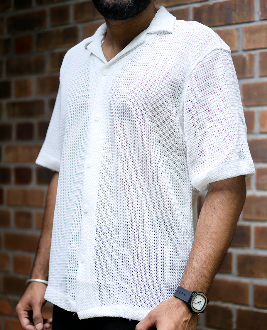 White Cotton-Blended Crochet Casual Shirt Features Half Sleeves, a Regular Fit, a Cuban Collar, and a Regular Length