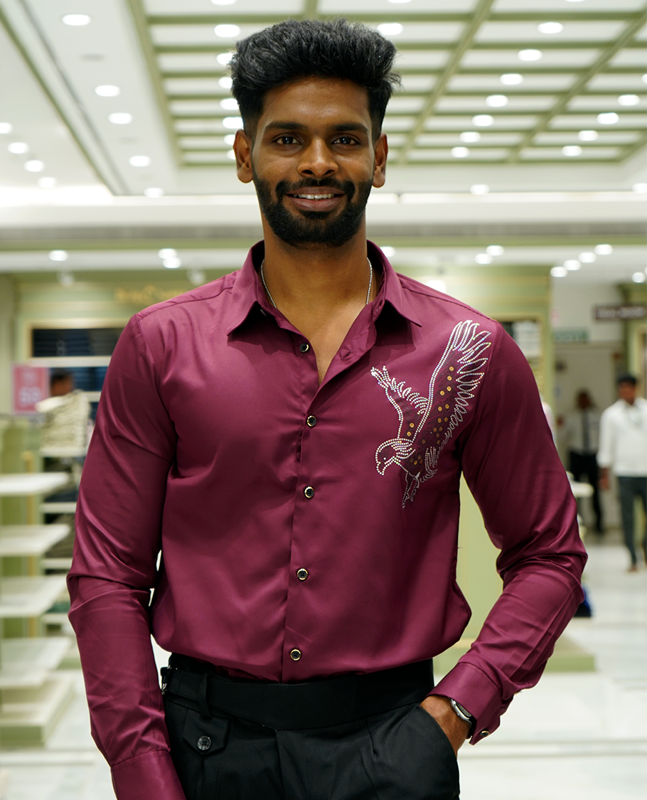Wine Designer Party Wear Shirt Features Bird Embroidered, a Spread Collar, Full Sleeves, a Slim Fit, and Regular Length