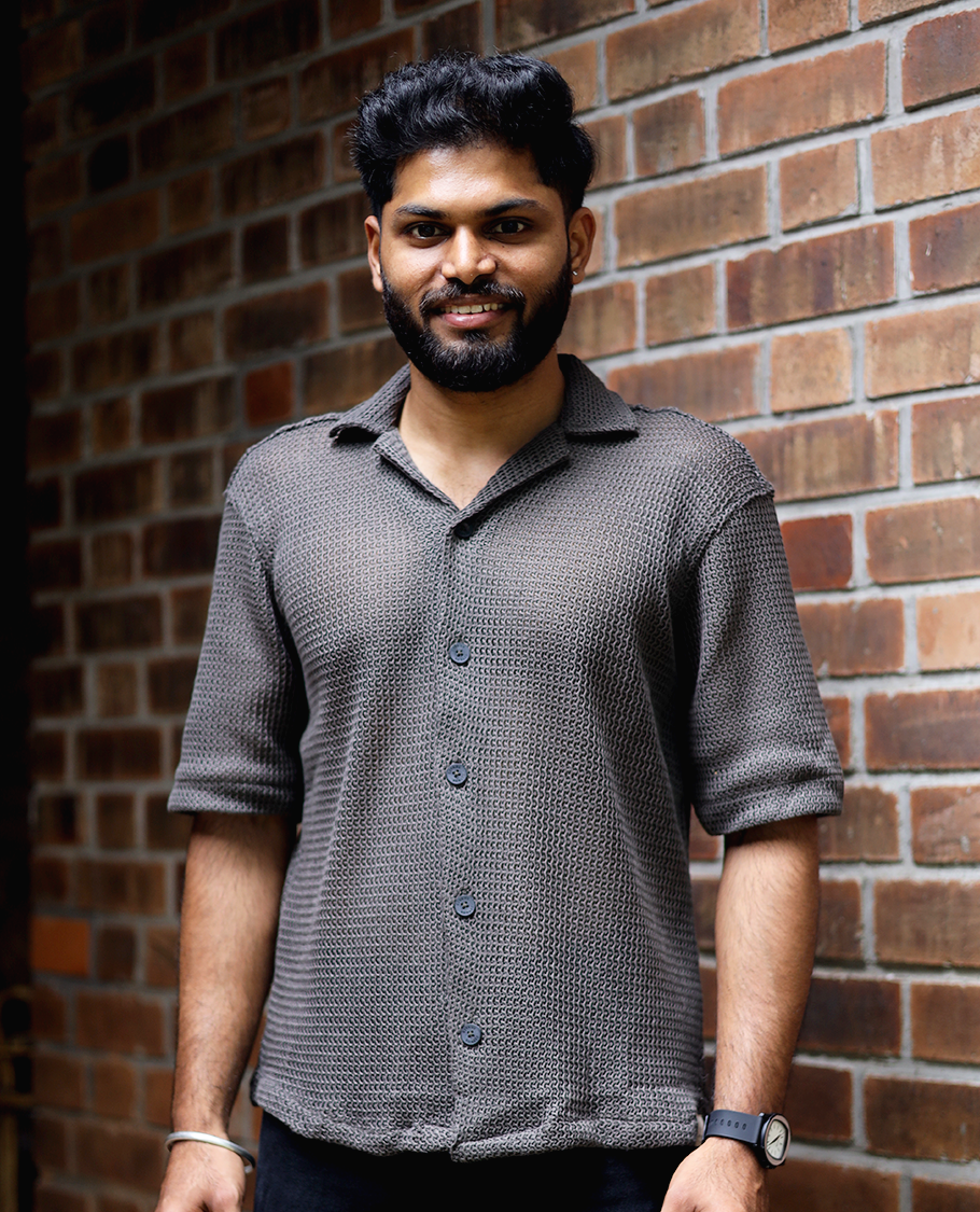 Brown Cotton-Blended Crochet Casual Shirt Features Half Sleeves, a Regular Fit, a Cuban Collar, and a Regular Length