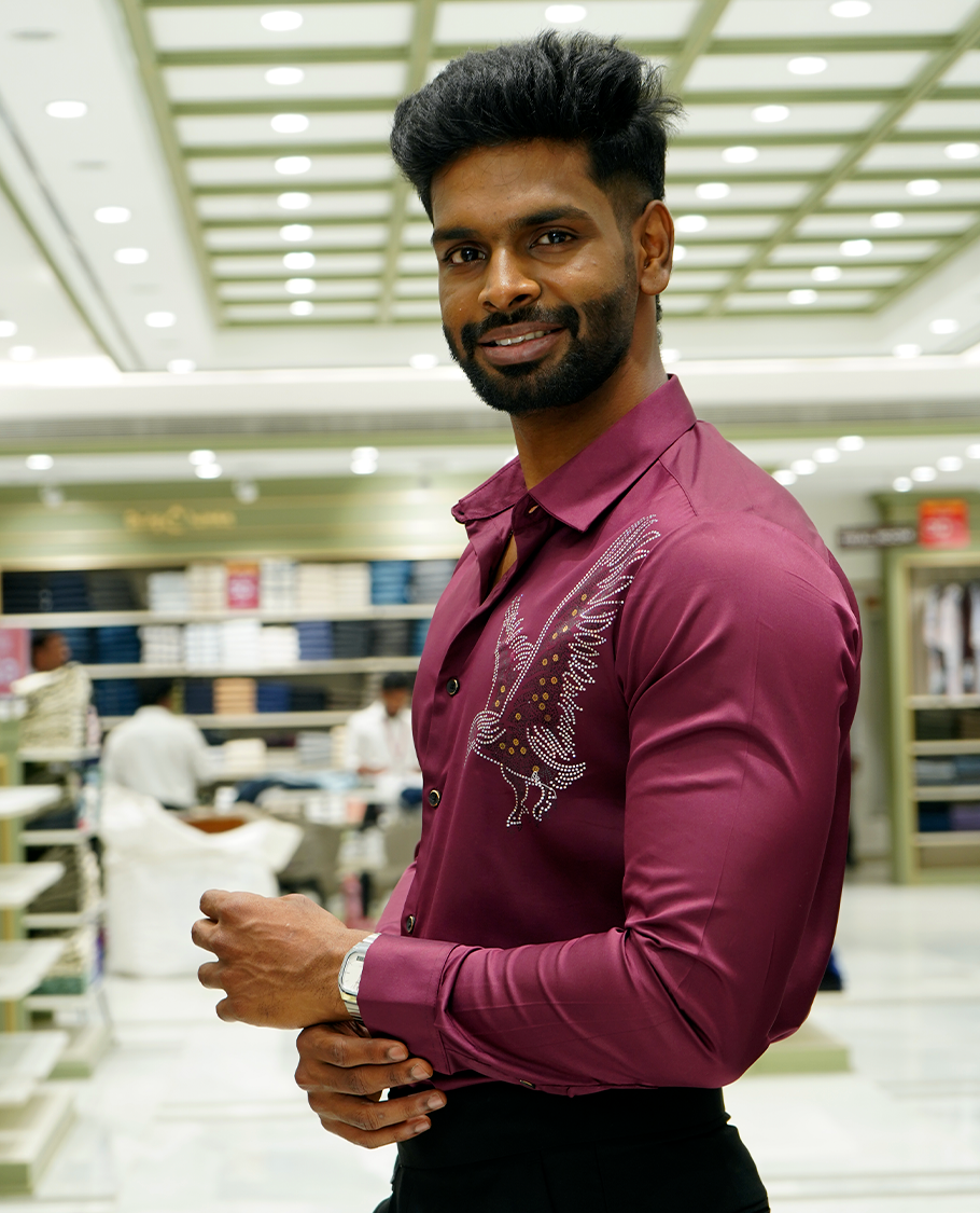 Wine Designer Party Wear Shirt Features Bird Embroidered, a Spread Collar, Full Sleeves, a Slim Fit, and Regular Length