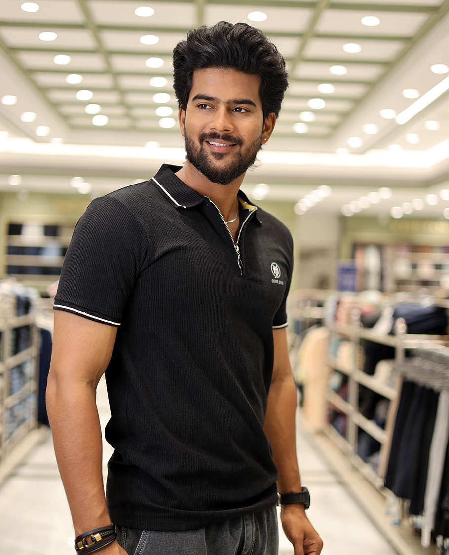 Black Corduroy T-Shirt Comes with a Polo Neck, Half-Sleeves, a Slim Fit, and Regular Length