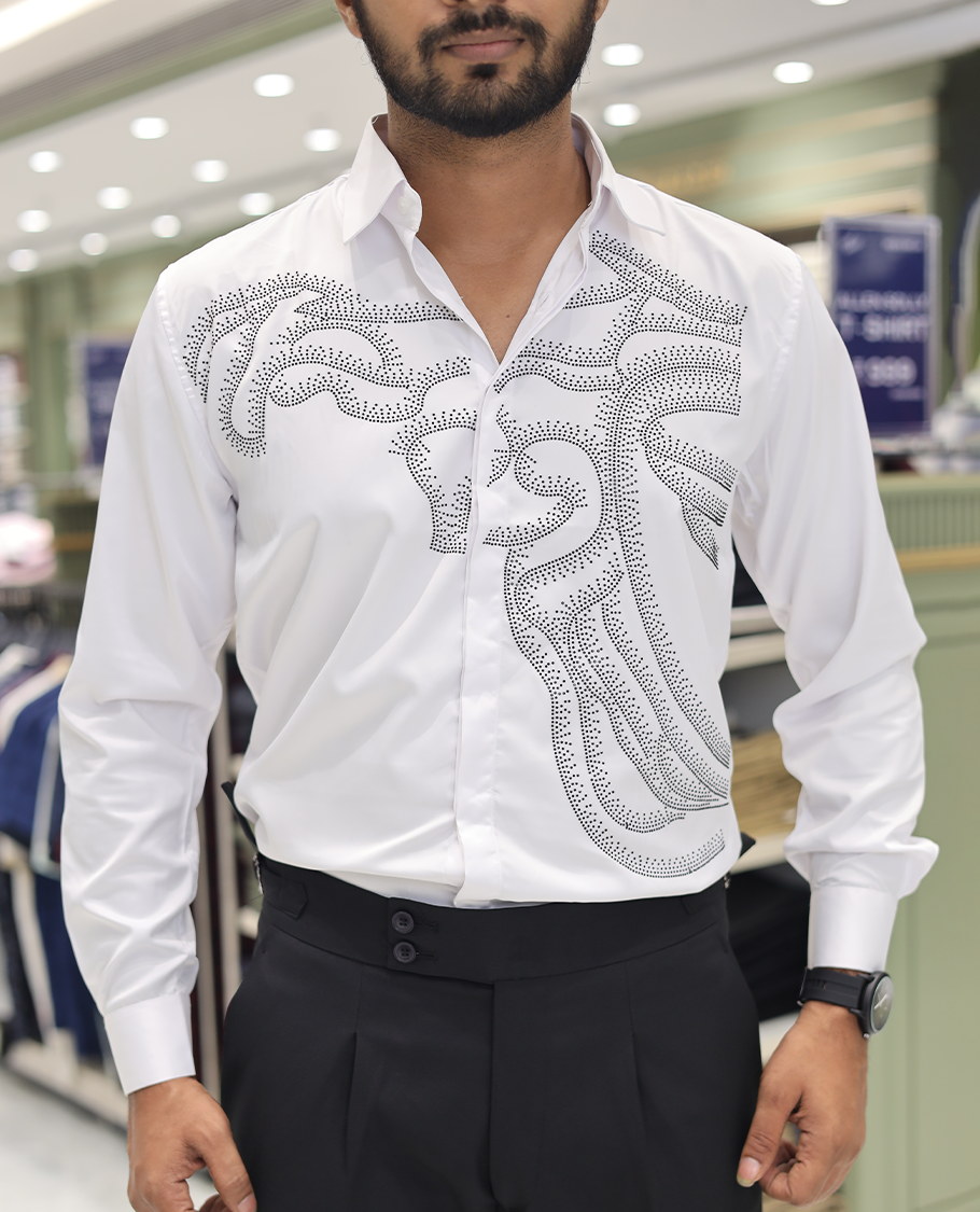 White Poly-Blended Party Wear Shirt, Features Vines-Themed Stone Work, Full Sleeves, a Spread Collar, Slim Fit, and Regular Length