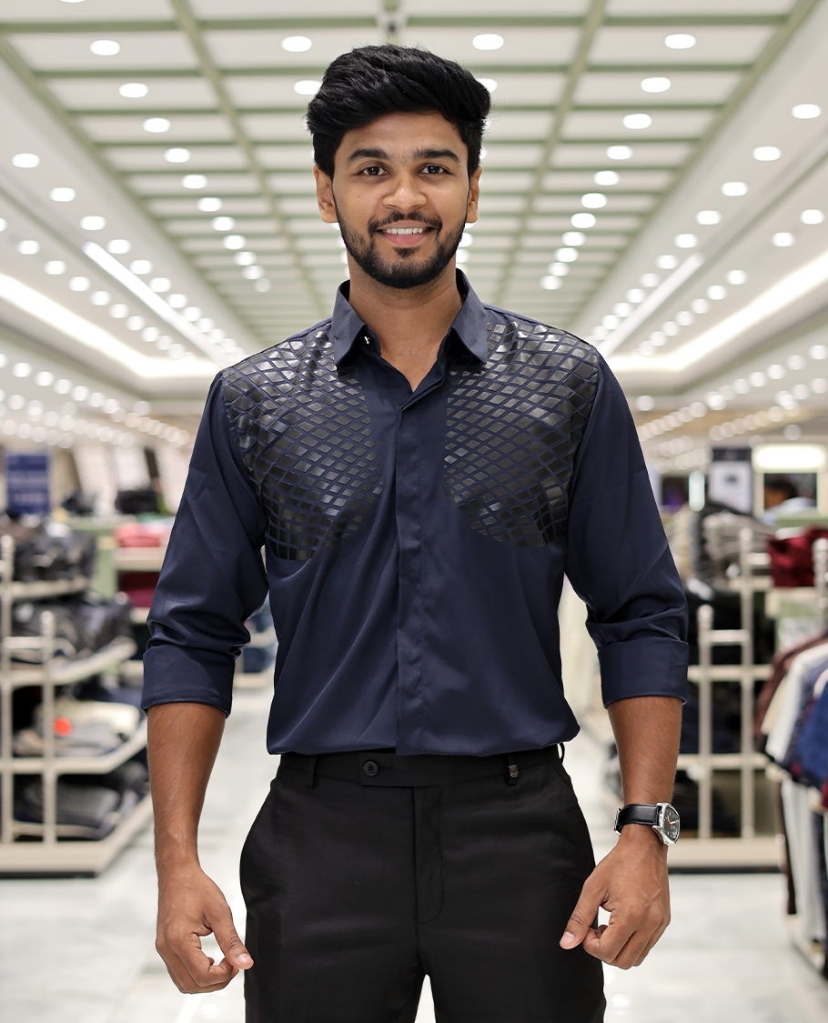 Navy Blue Poly-Blended Party Wear Shirt, Features Geometric Flock Print, Full Sleeves, Spread Collar, Slim Fit, and Regular Length