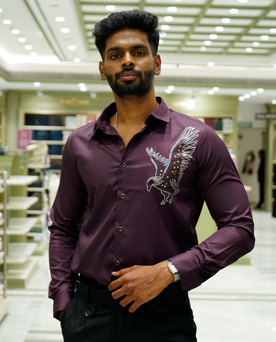 Maroon Designer Party Wear Shirt Features Bird Embroidered, a Spread Collar, Full Sleeves, a Slim Fit, and Regular Length