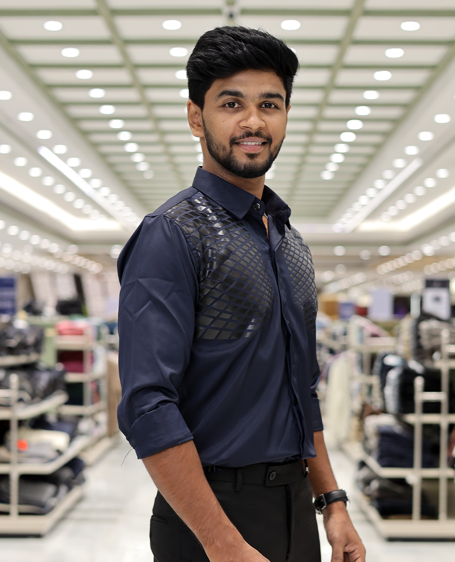 Navy Blue Poly-Blended Party Wear Shirt, Features Geometric Flock Print, Full Sleeves, Spread Collar, Slim Fit, and Regular Length