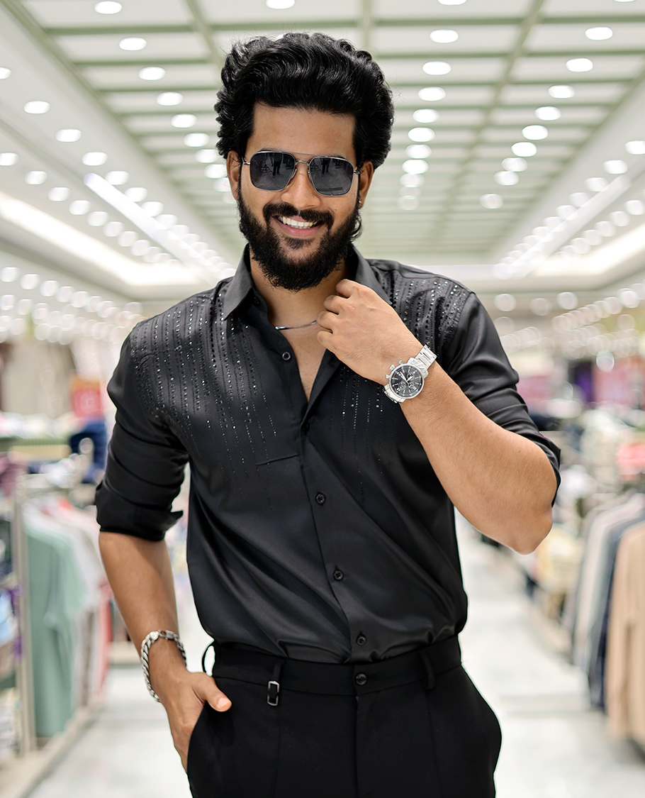 Black Poly-Blended Party-Wear Shirt Features Stonework, a Full Sleeve, a Spread Collar, a Slim Fit, and Regular Length