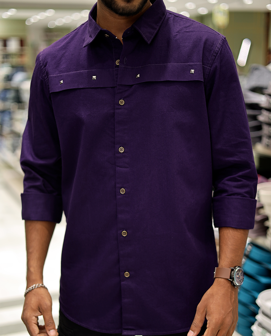 Purple Cotton-Blended Casual Shirt Features Life-Quotes Backprint, Full-Sleeves, a Spread Collar, a Regular Fit, and a Regular Length