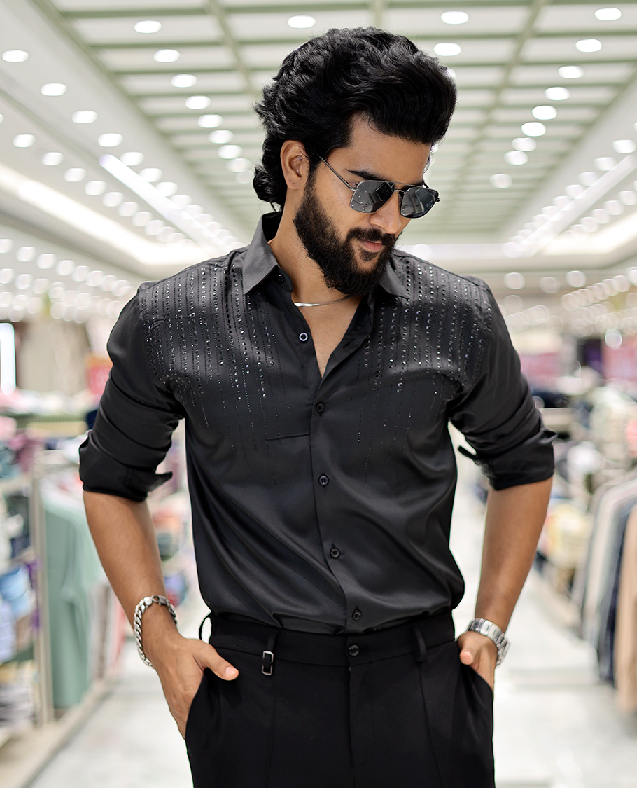 Black Poly-Blended Party-Wear Shirt Features Stonework, a Full Sleeve, a Spread Collar, a Slim Fit, and Regular Length