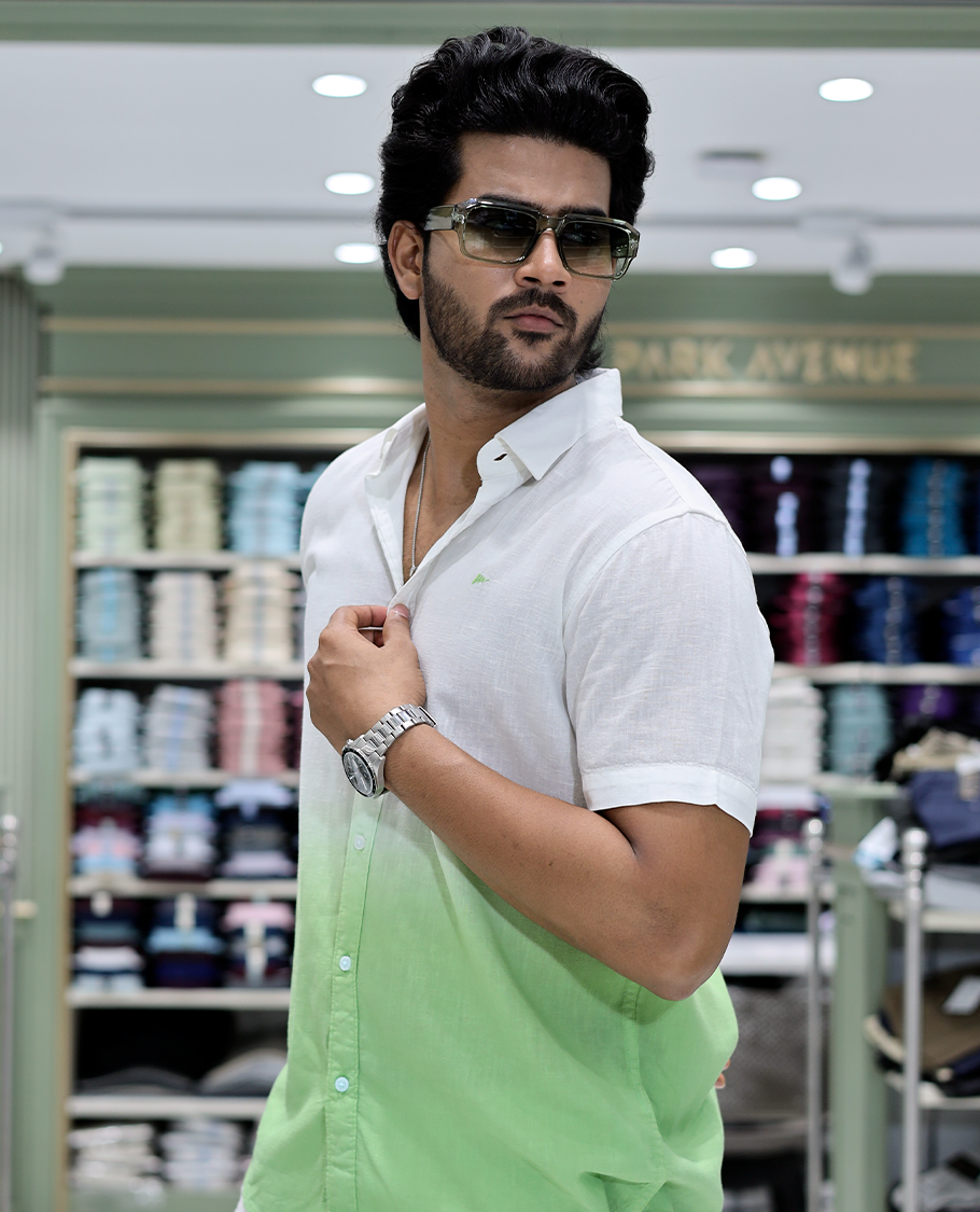 Green Cotton-Blended Ombre Casual Shirt Features Half Sleeves, a Spread Collar, a Regular Fit, and a Regular Length