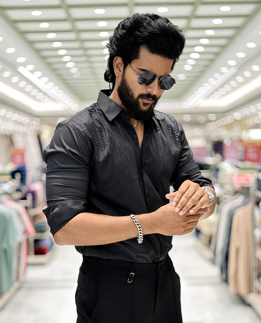 Black Poly-Blended Party-Wear Shirt Features Stonework, a Full Sleeve, a Spread Collar, a Slim Fit, and Regular Length
