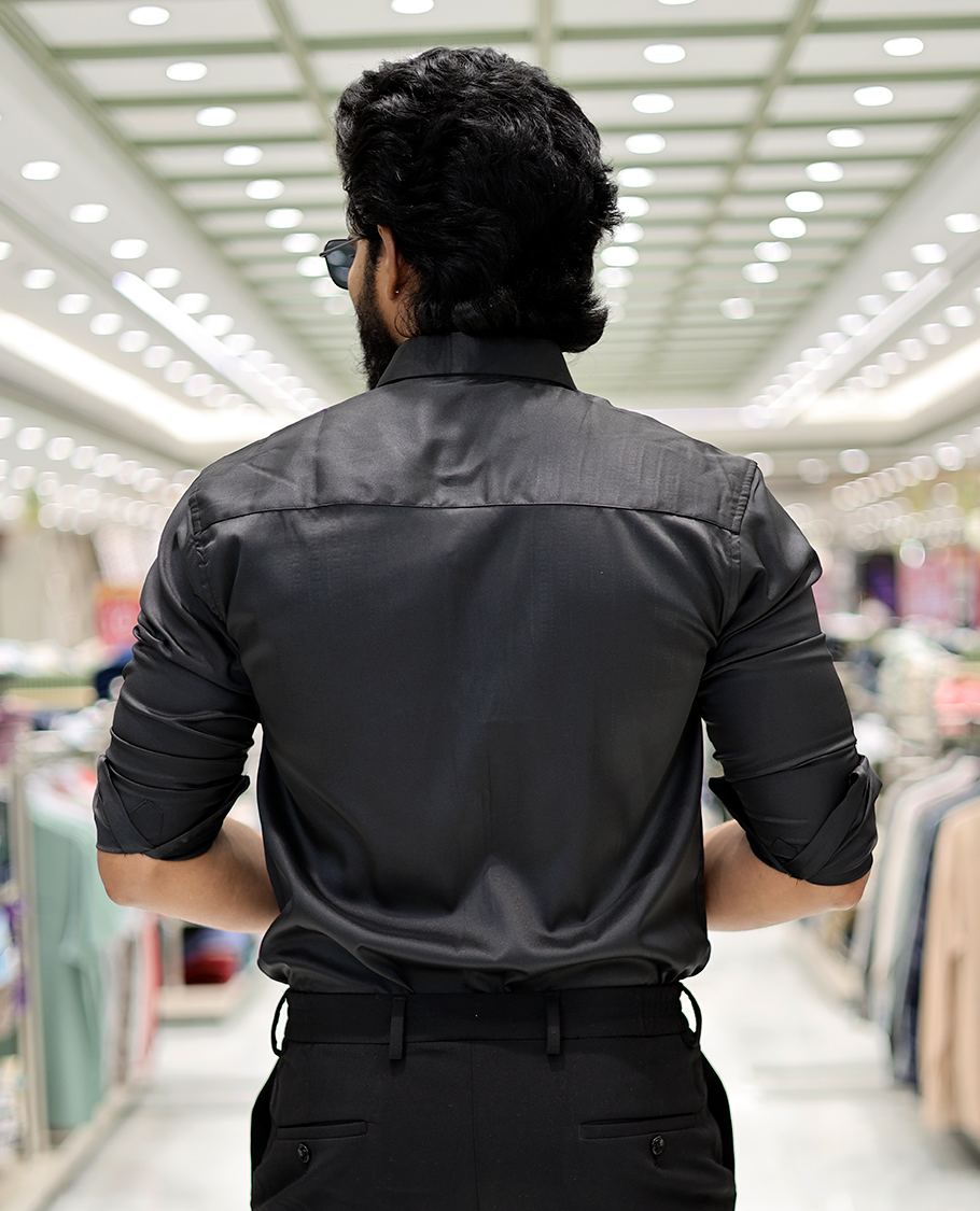Black Poly-Blended Party-Wear Shirt Features Stonework, a Full Sleeve, a Spread Collar, a Slim Fit, and Regular Length