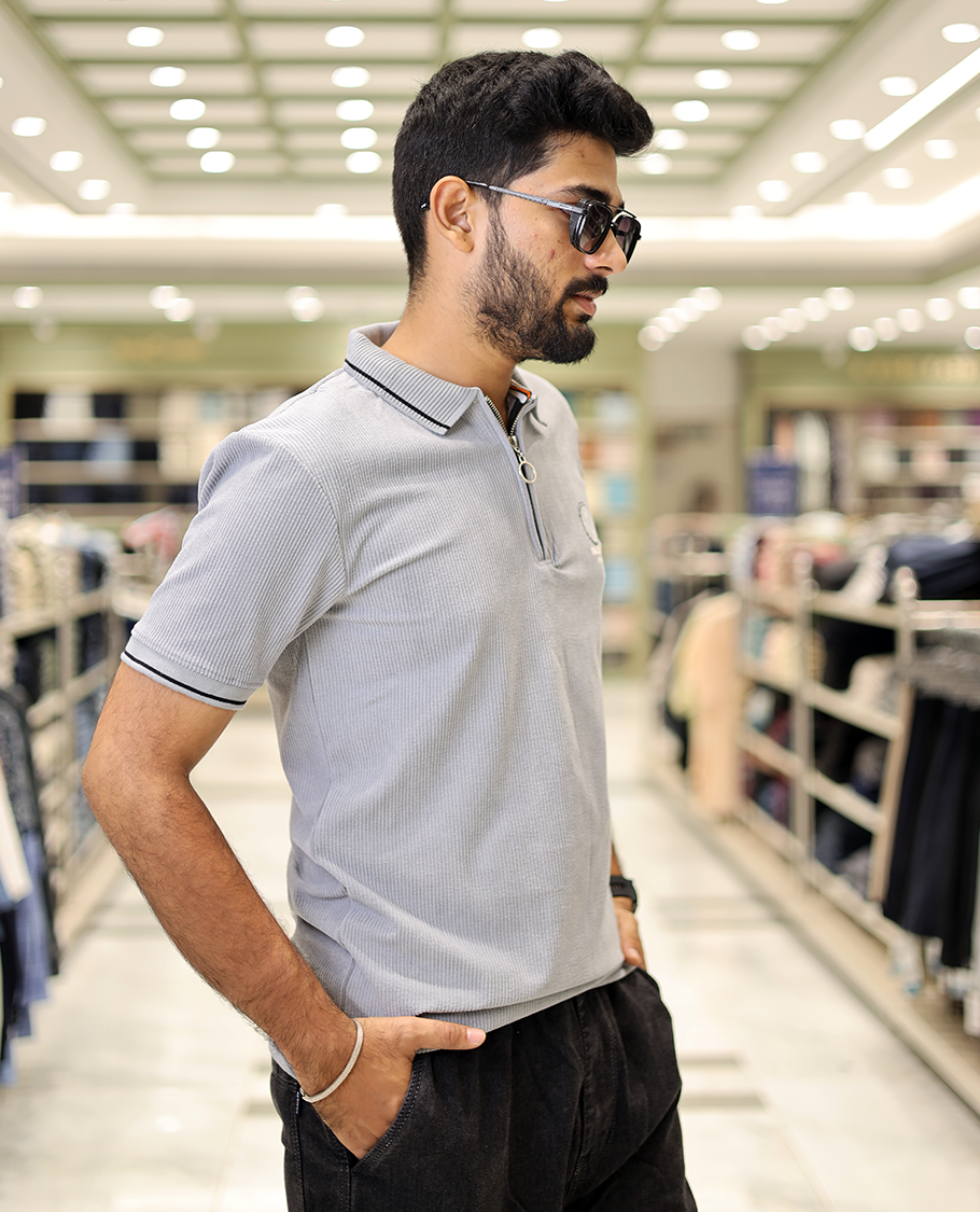Light Grey Corduroy T-Shirt Comes with a Polo Neck, Half-Sleeves, a Slim Fit, and Regular Length
