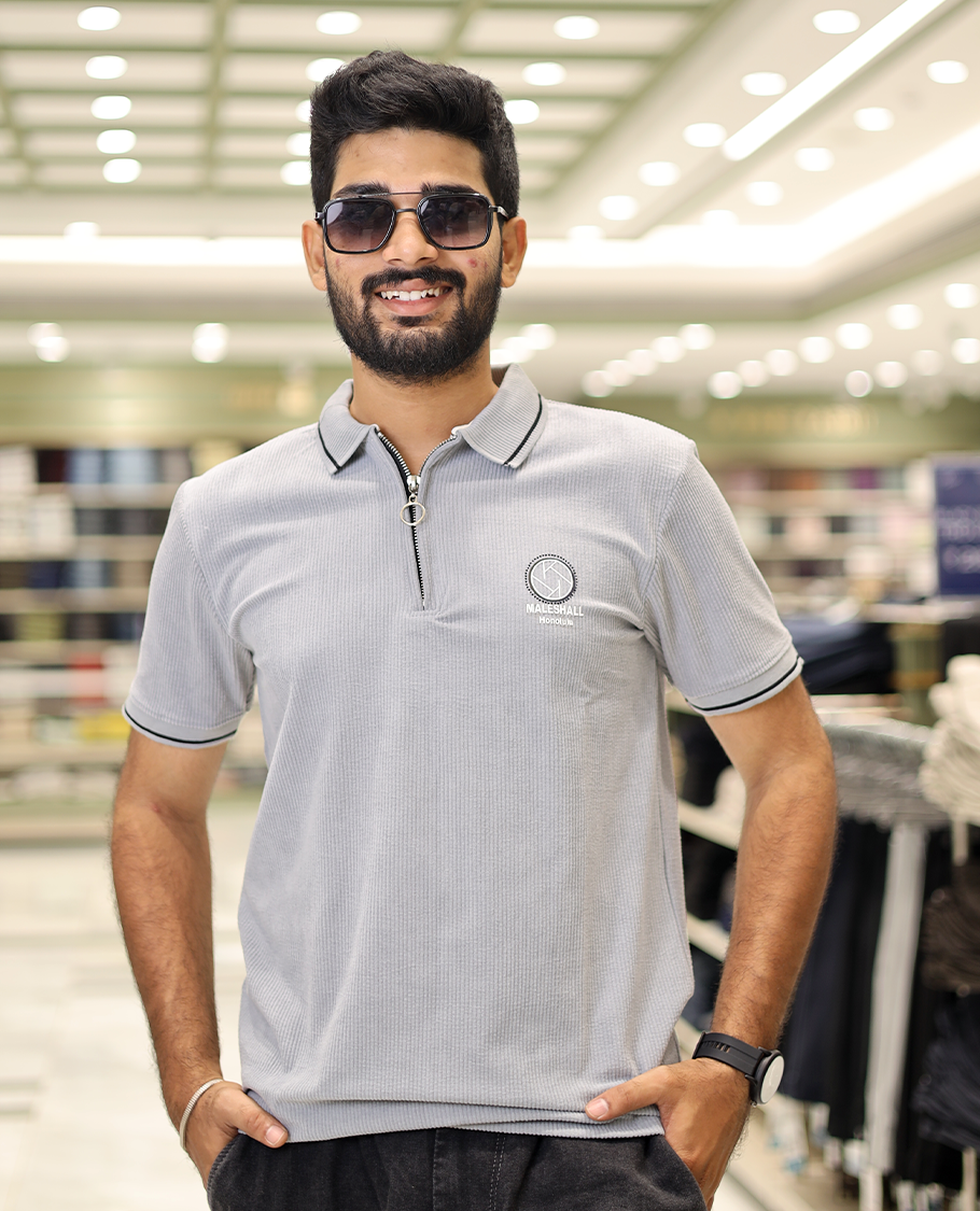 Light Grey Corduroy T-Shirt Comes with a Polo Neck, Half-Sleeves, a Slim Fit, and Regular Length