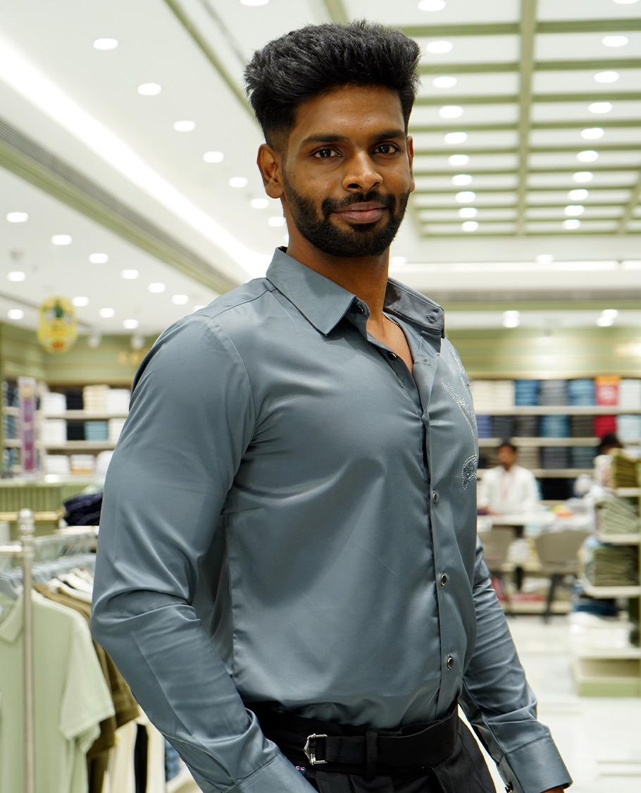 Light Grey Designer Party Wear Shirt Features Bird Embroidered, a Spread Collar, Full Sleeves, a Slim Fit, and Regular Length