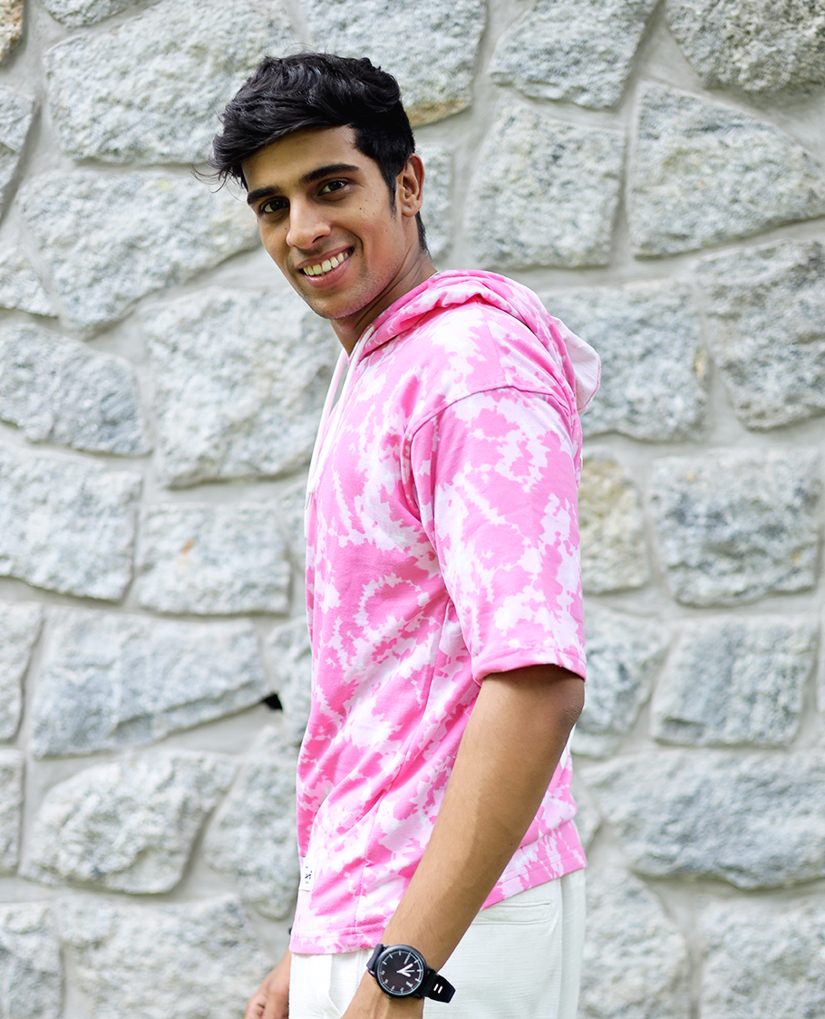 Pink Cotton-Blended Oversized Hooded T-Shirt Features Abstract Dyed Typography Print, Half-Sleeves, and Regular Length